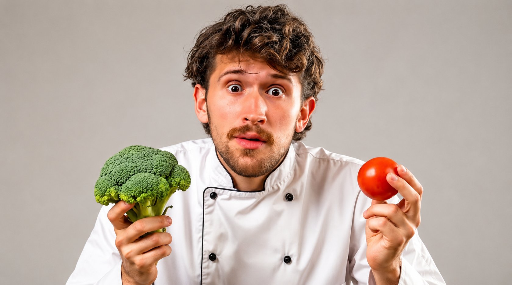 Otto segurando um brócolis e um tomate, capa do vídeo do Pão de Queijo Recheado