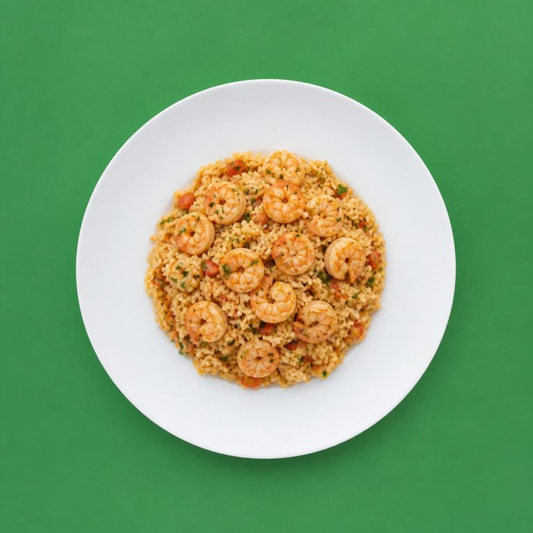 Arroz com Camarão em prato branco, fotografia de cima com fundo colorido