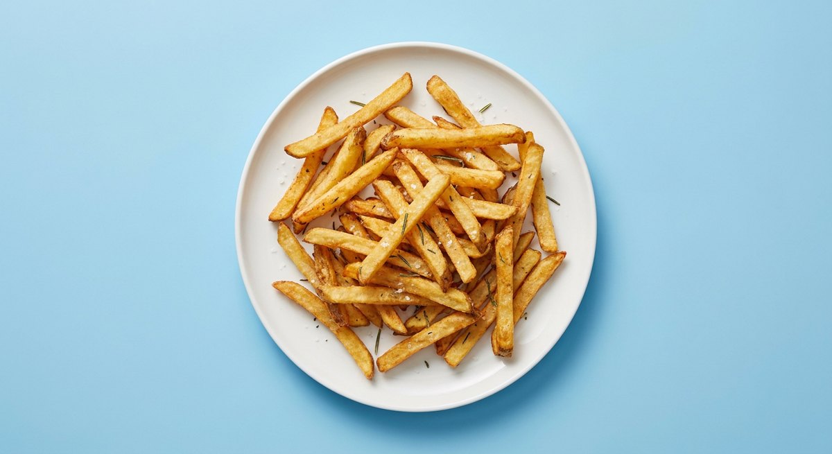 Batata Frita na Airfryer em prato branco, fotografia de cima com fundo colorido