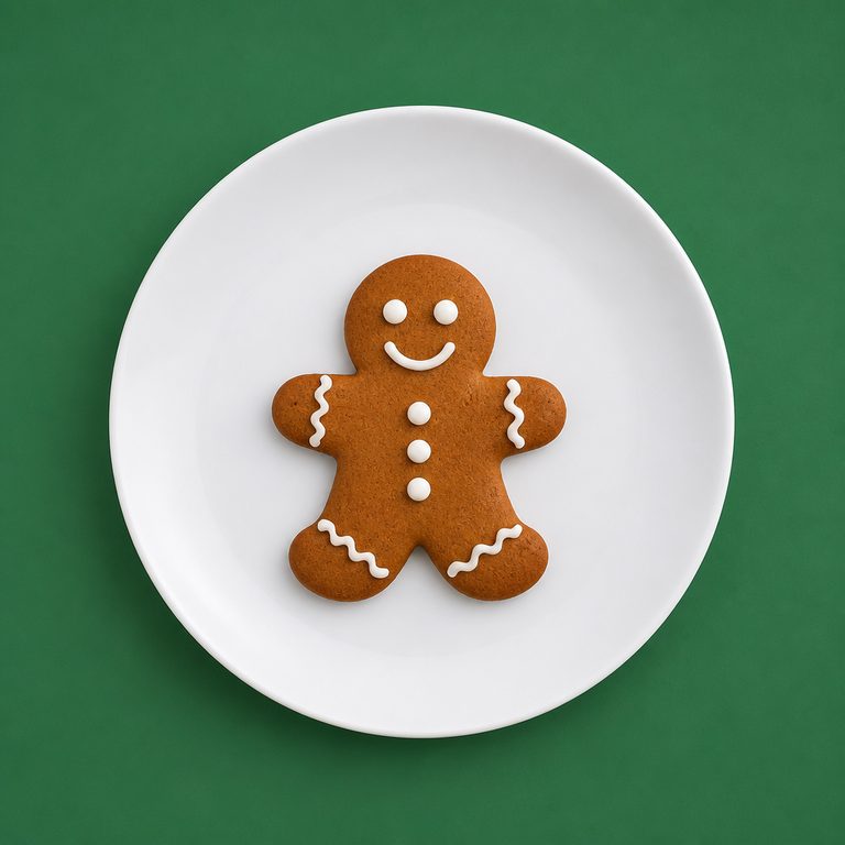 Biscoito de Gengibre em prato branco, fotografia de cima com fundo colorido