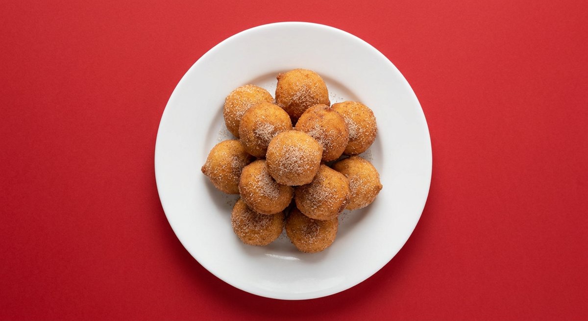 Bolinho de Chuva da Vovó em prato branco, fotografia de cima com fundo colorido
