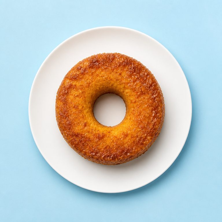 Bolo de Cenoura Crocante em prato branco, fotografia de cima com fundo colorido