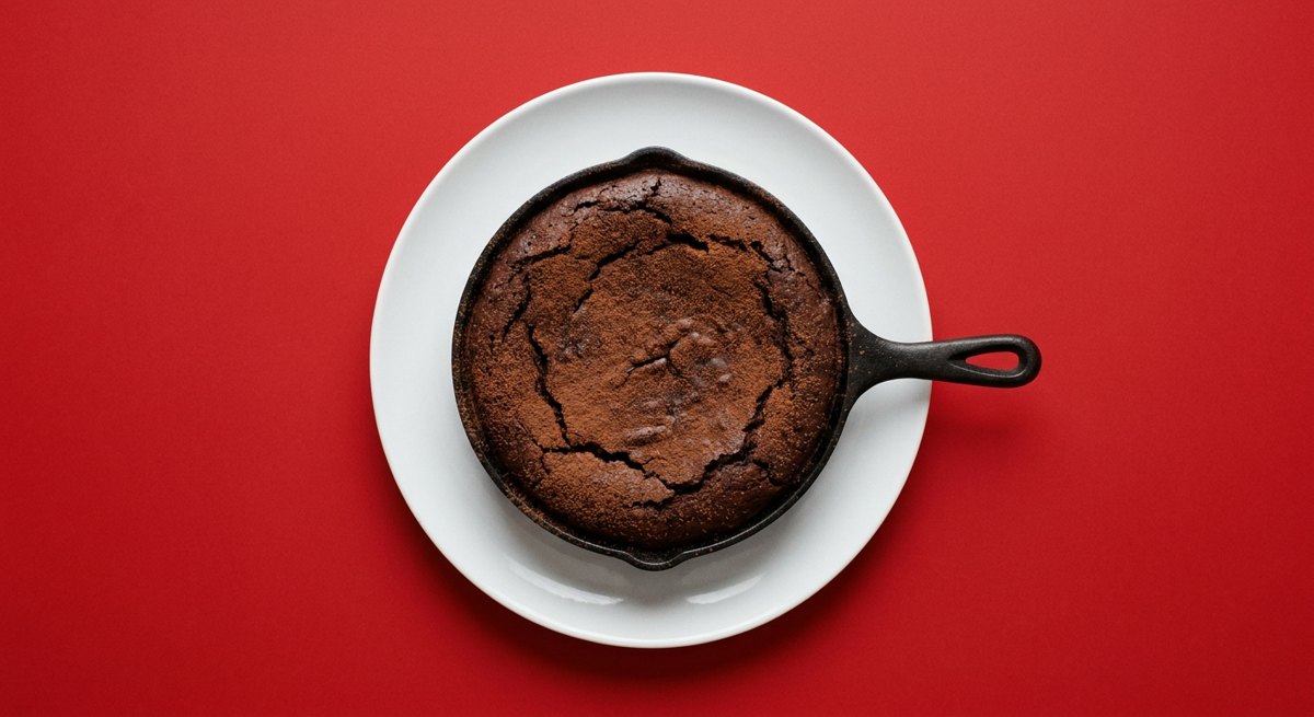 Bolo de Chocolate de Frigideira em prato branco, fotografia de cima com fundo colorido
