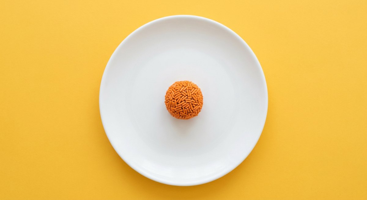 Brigadeiro de Cenoura em prato branco, fotografia de cima com fundo colorido