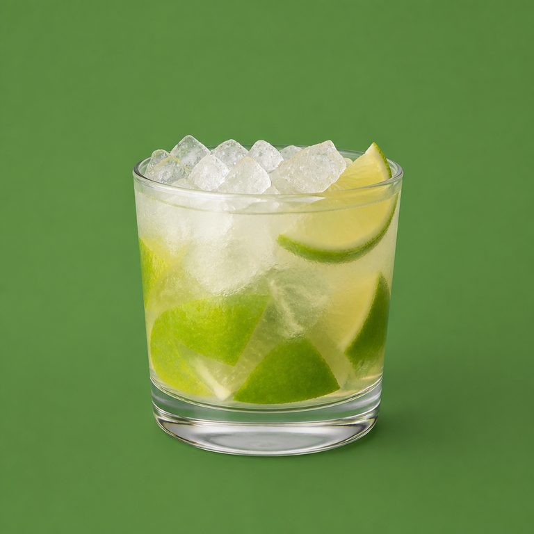 Caipirinha em prato branco, fotografia de cima com fundo colorido
