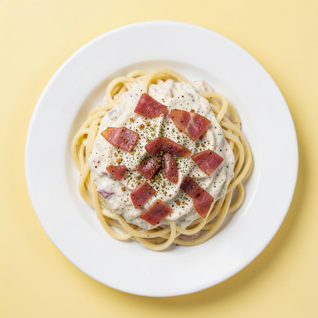 Carbonara em prato branco, fotografia de cima com fundo colorido