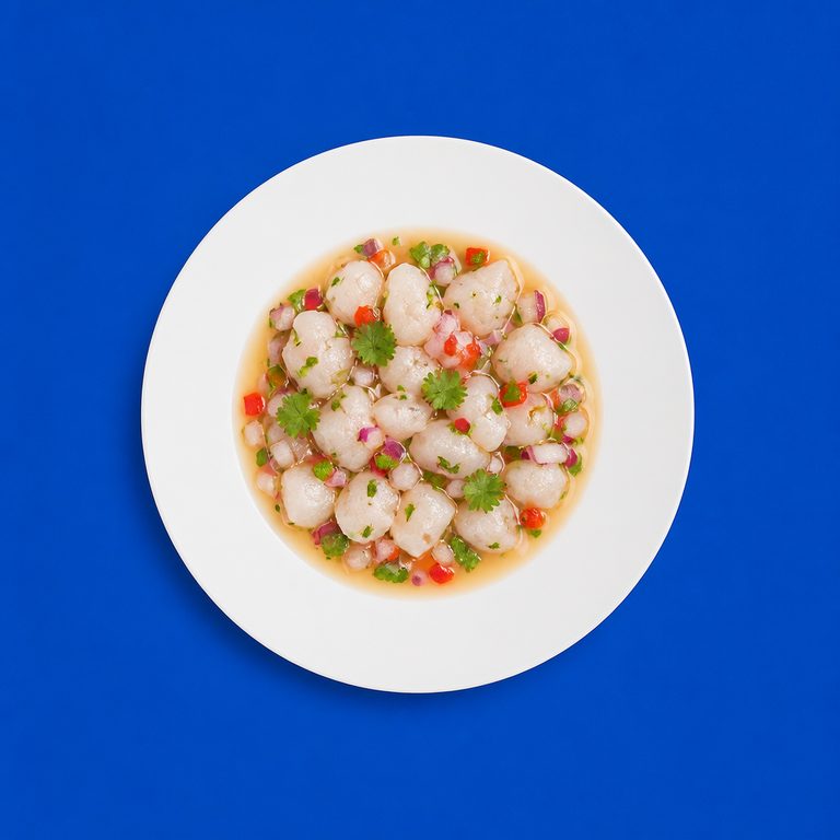 Ceviche em prato branco, fotografia de cima com fundo colorido