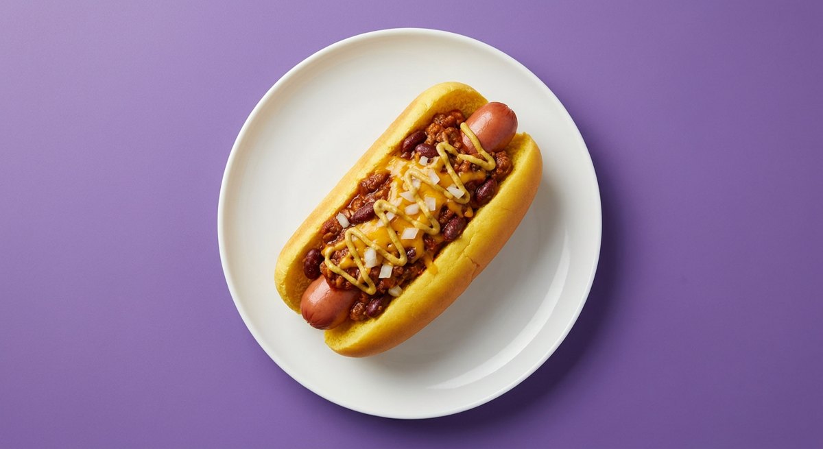 Chilli Dog dos Simpsons em prato branco, fotografia de cima com fundo colorido