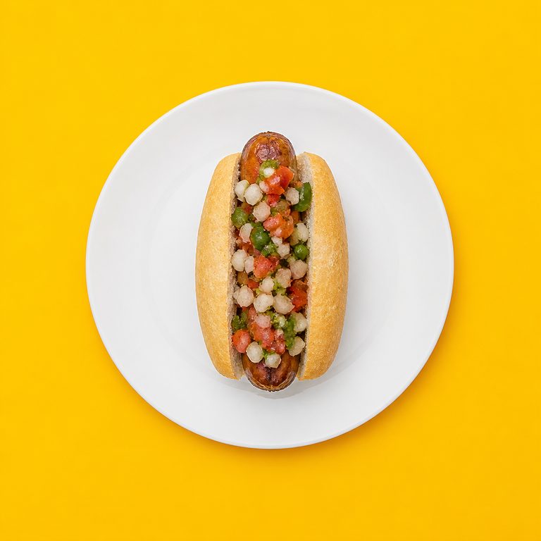 Choripan em prato branco, fotografia de cima com fundo colorido