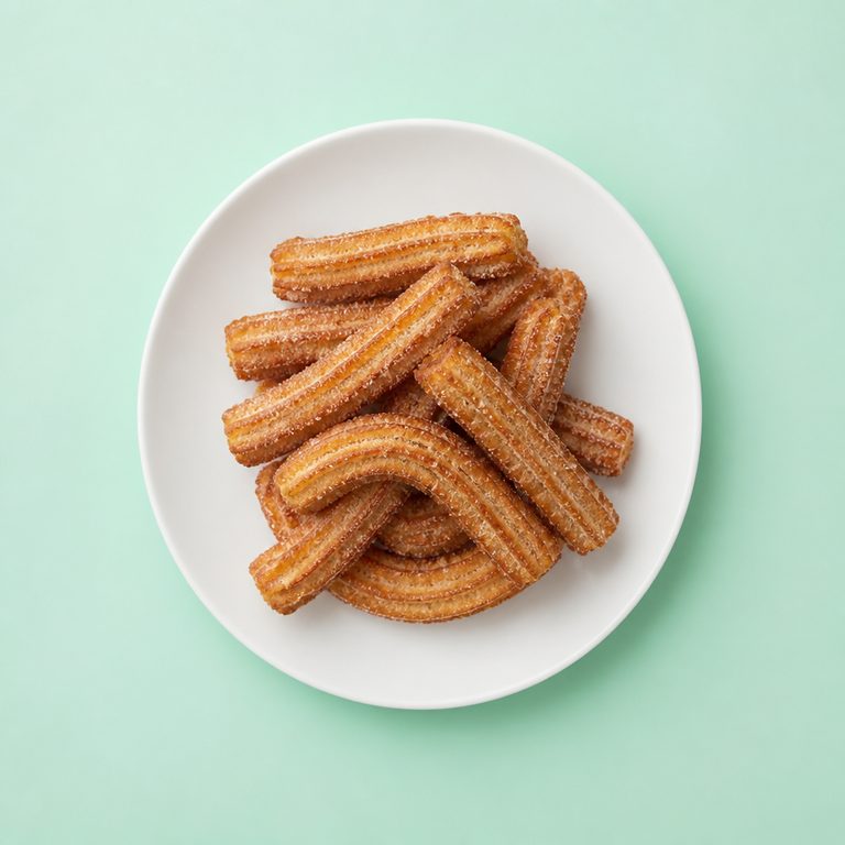 Churros em prato branco, fotografia de cima com fundo colorido