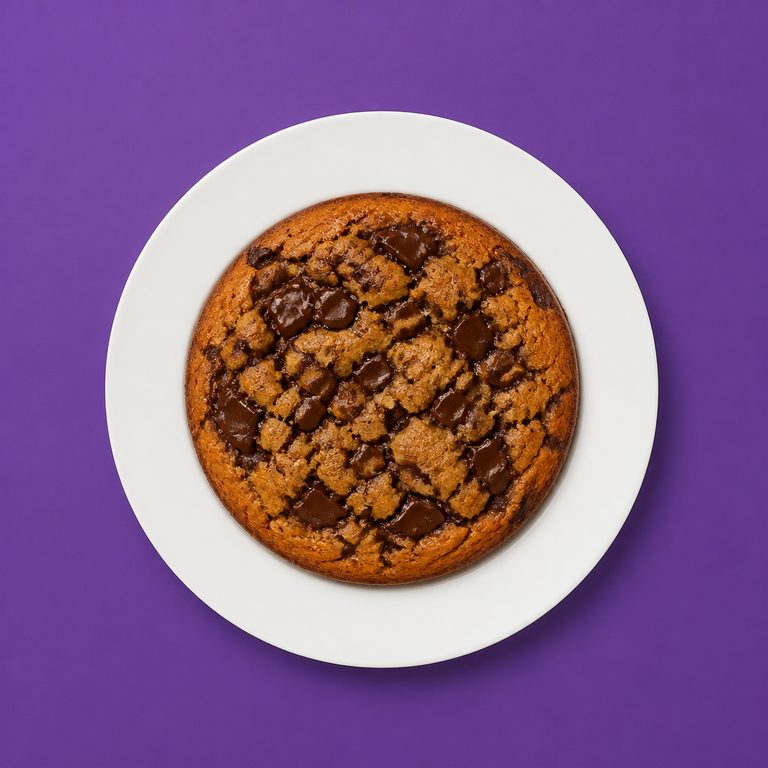 Cookie de Frigideira em prato branco, fotografia de cima com fundo colorido
