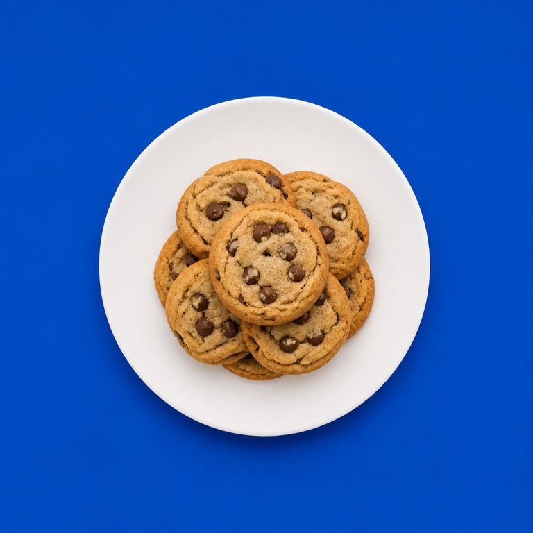 Cookies em prato branco, fotografia de cima com fundo colorido