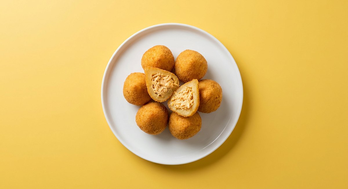 Coxinha de Frango Cremosa em prato branco, fotografia de cima com fundo colorido