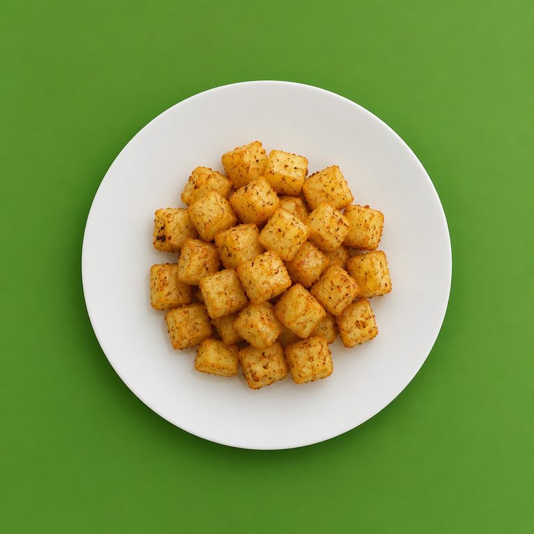 Dadinho de Tapioca em prato branco, fotografia de cima com fundo colorido