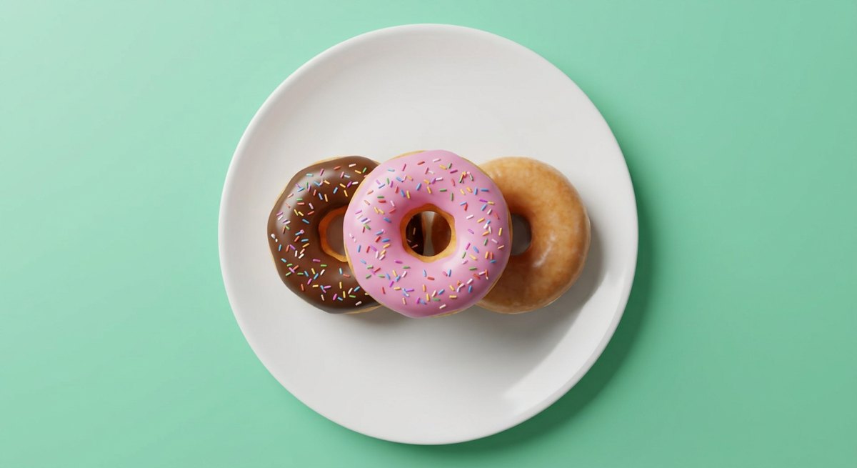 Donuts dos Simpsons em prato branco, fotografia de cima com fundo colorido
