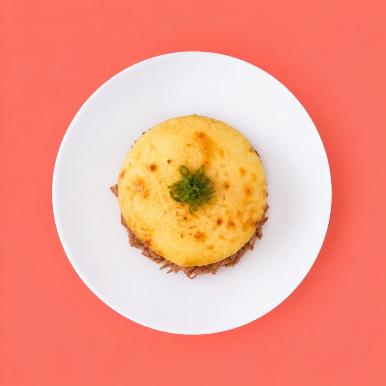 Escondidinho de Carne Seca em prato branco, fotografia de cima com fundo colorido