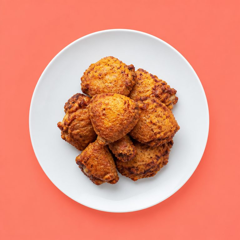 Frango Crocante na Airfryer em prato branco, fotografia de cima com fundo colorido