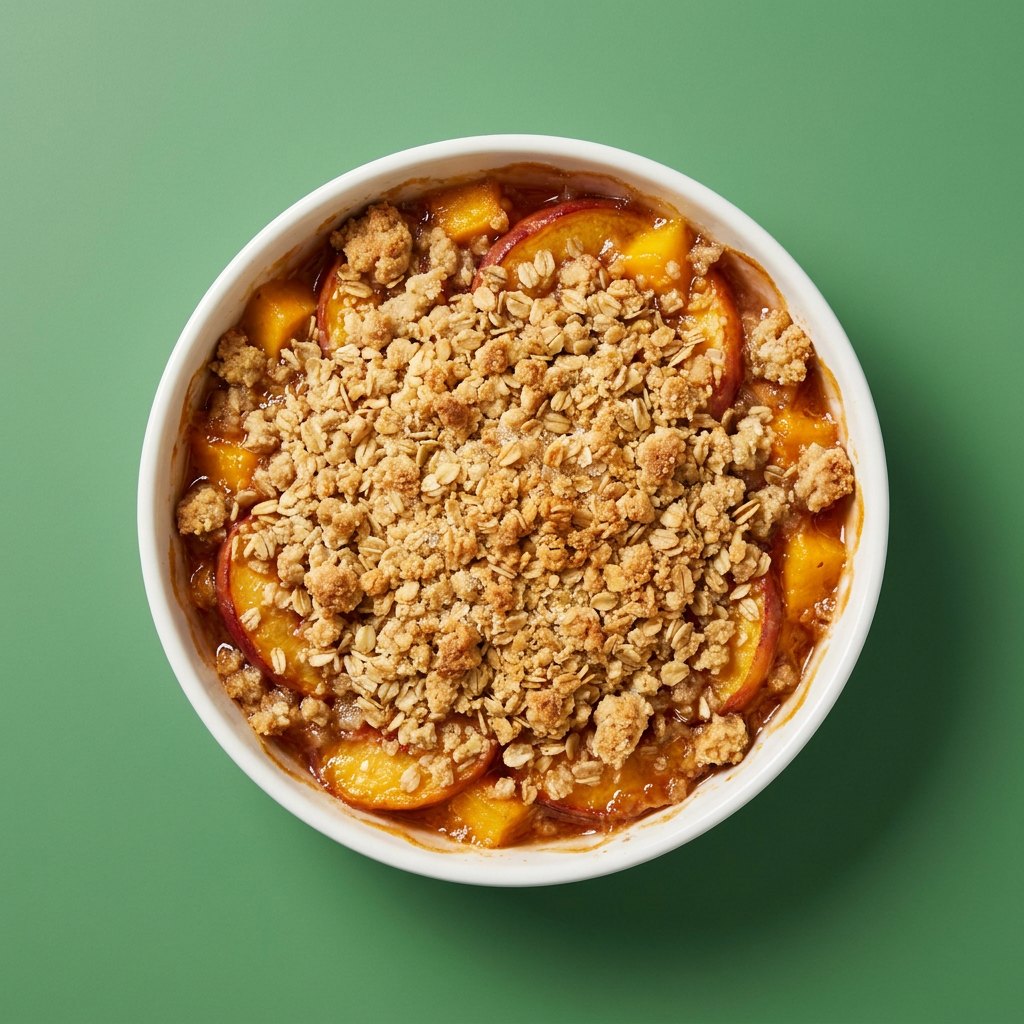 Fruit Crumble de Pêssego e Manga em prato branco, fotografia de cima com fundo colorido