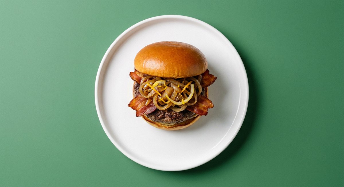 Hambúrguer com Cebola Cítrica e Bacon em prato branco, fotografia de cima com fundo colorido