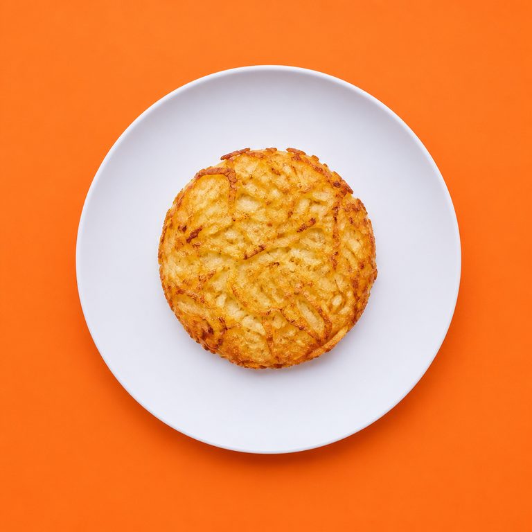 Hashbrown de 3 Ingredientes em prato branco, fotografia de cima com fundo colorido