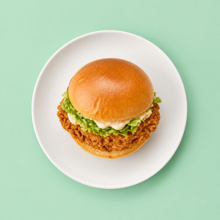 Lanche de Frango Crocante em prato branco, fotografia de cima com fundo colorido