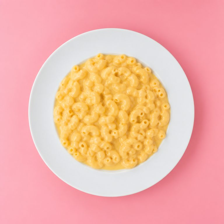 Mac'n Cheese Super Cremoso em prato branco, fotografia de cima com fundo colorido