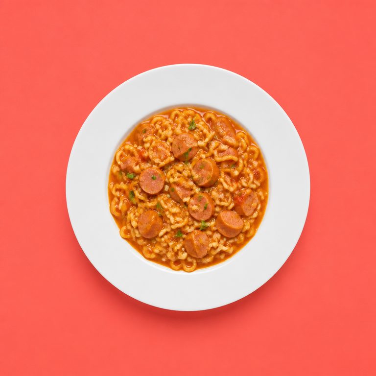 Macarrão de Emergência em prato branco, fotografia de cima com fundo colorido
