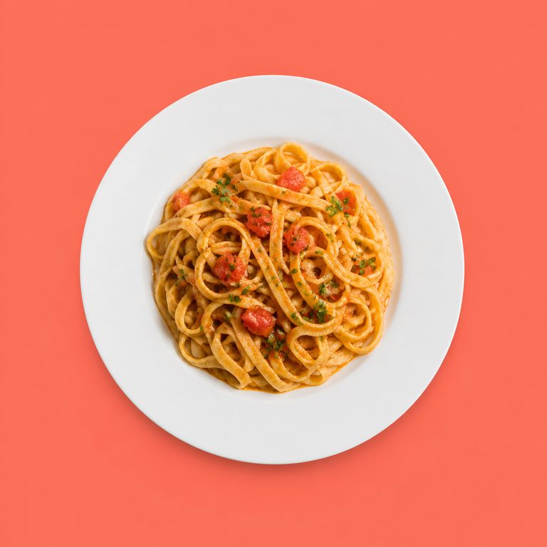 Massa de Macarrão Caseira em prato branco, fotografia de cima com fundo colorido