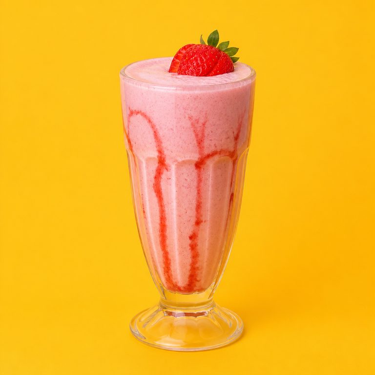 Milkshake de Morango em prato branco, fotografia de cima com fundo colorido