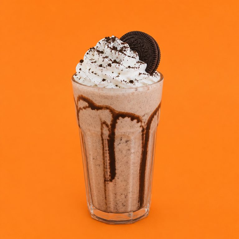 Milkshake de Oreo em prato branco, fotografia de cima com fundo colorido