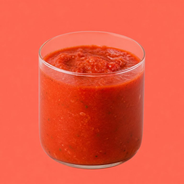 Molho de Tomate Italiano em prato branco, fotografia de cima com fundo colorido