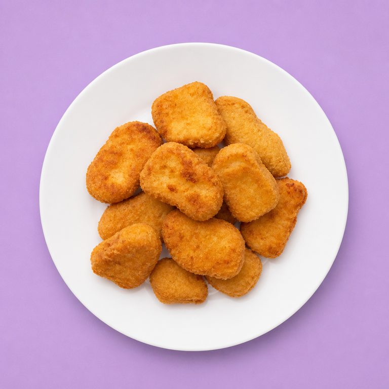 Nuggets Caseiro em prato branco, fotografia de cima com fundo colorido
