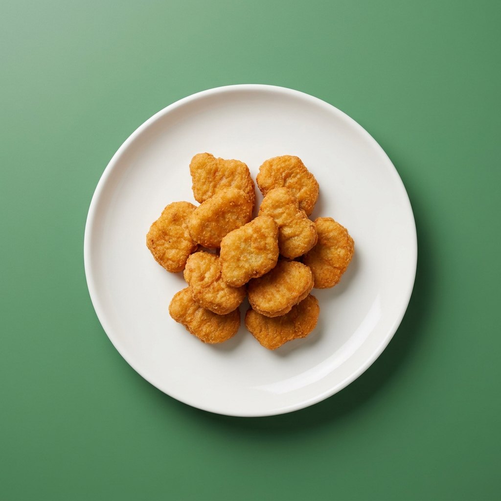 Nuggets Caseiros de Frango em prato branco, fotografia de cima com fundo colorido
