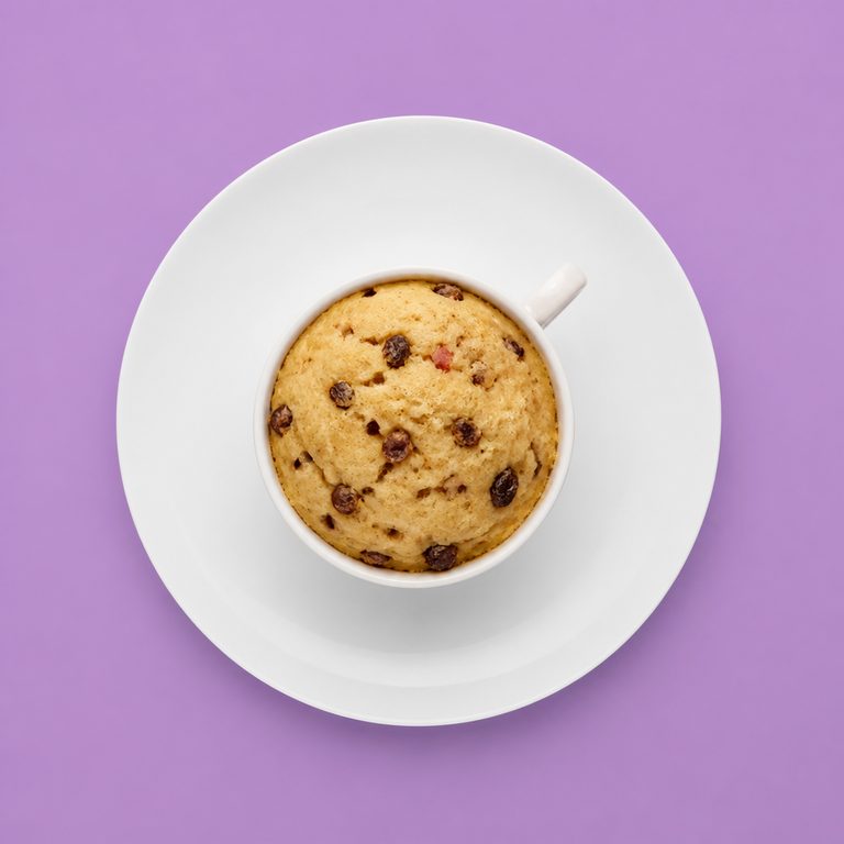Panetone de Caneca em prato branco, fotografia de cima com fundo colorido