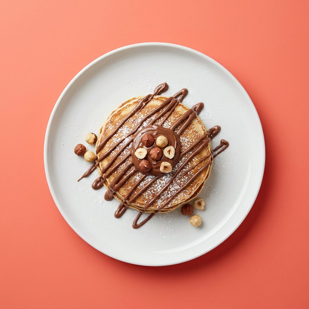 Panqueca de Nutella em prato branco, fotografia de cima com fundo colorido