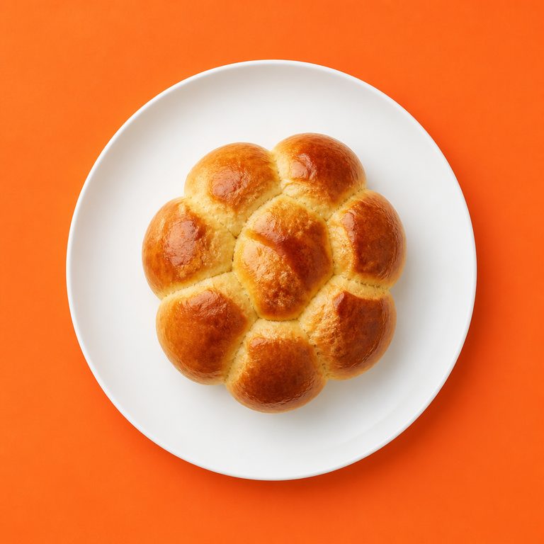 Pão de Batata em prato branco, fotografia de cima com fundo colorido