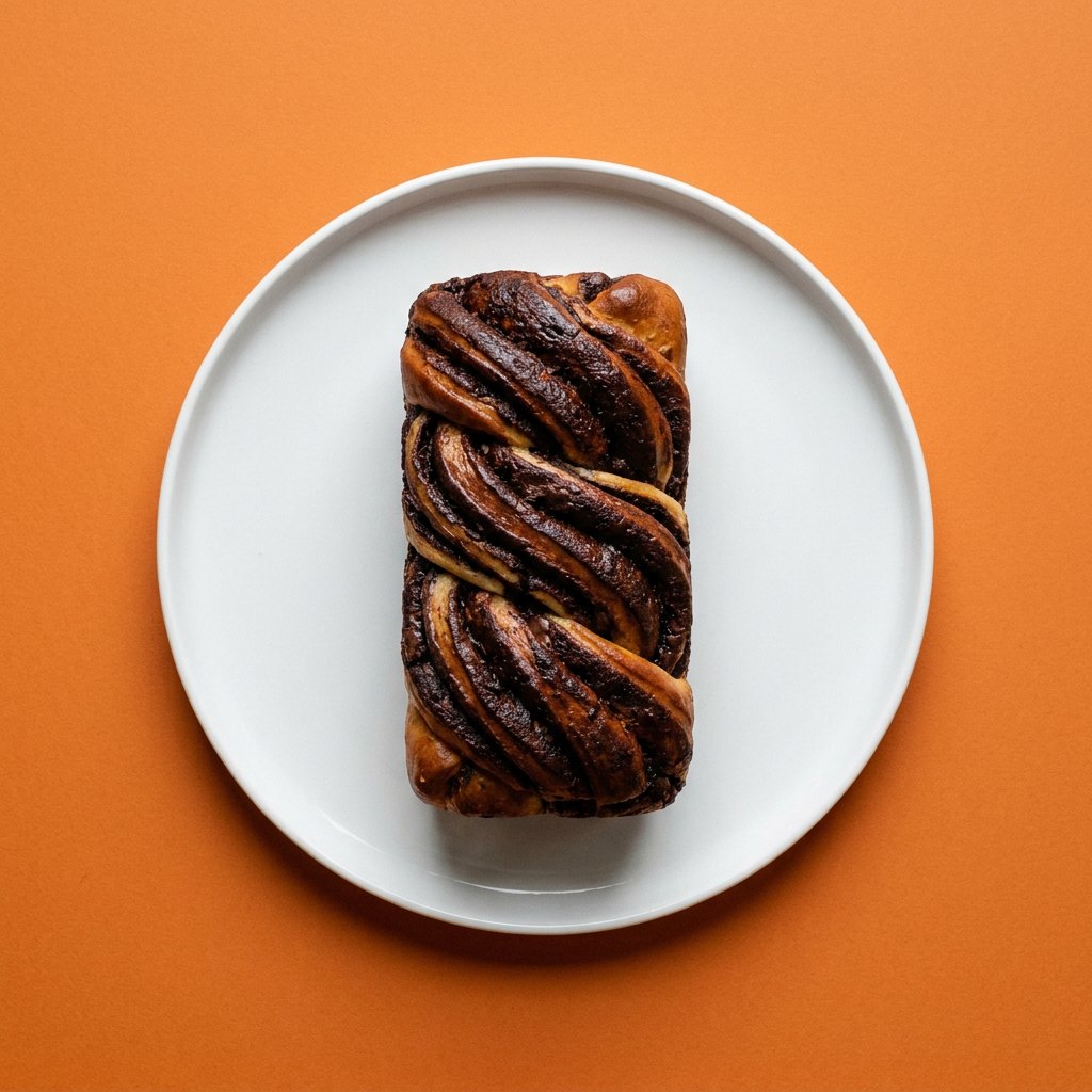 Pão de Chocolate em prato branco, fotografia de cima com fundo colorido