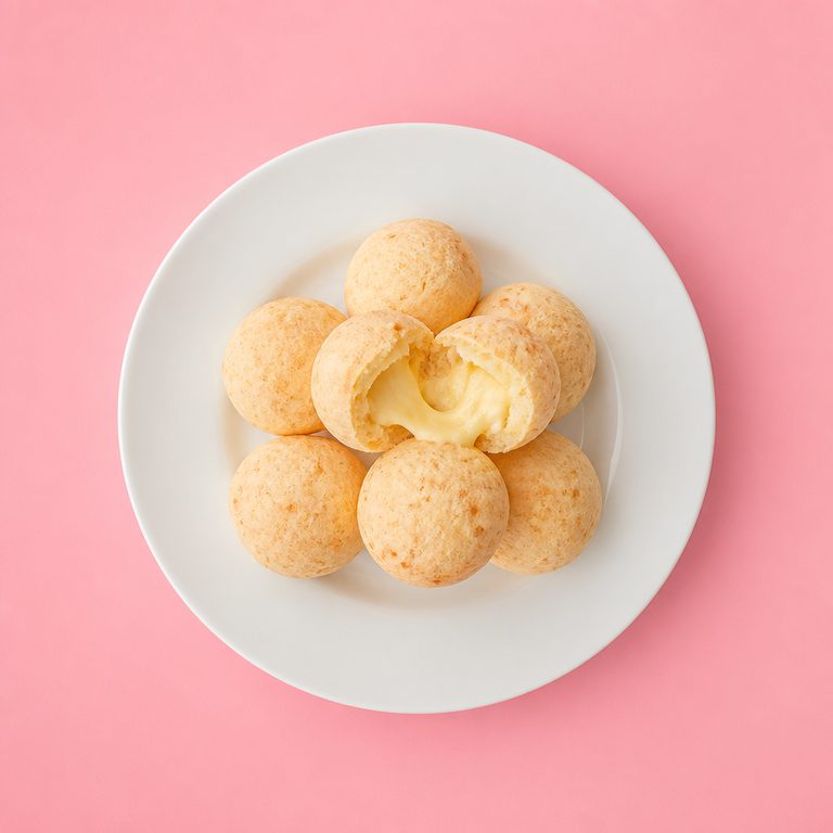 Pão de Queijo Recheado em prato branco, fotografia de cima com fundo colorido
