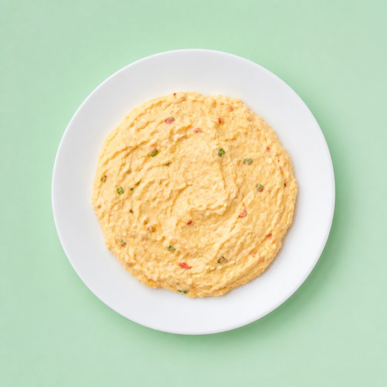 Patê de Queijo em prato branco, fotografia de cima com fundo colorido