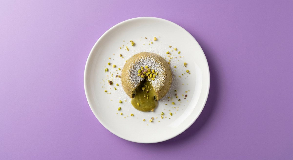 Petit Gateau de Pistache em prato branco, fotografia de cima com fundo colorido