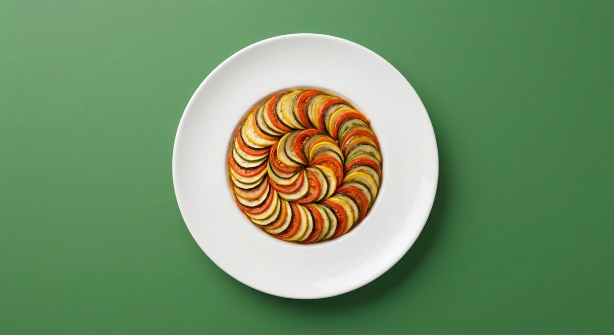 Ratatouille do Cheff em prato branco, fotografia de cima com fundo colorido