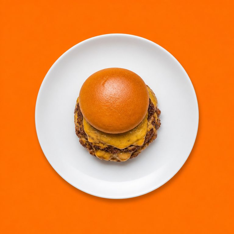 Smash Burguer em prato branco, fotografia de cima com fundo colorido