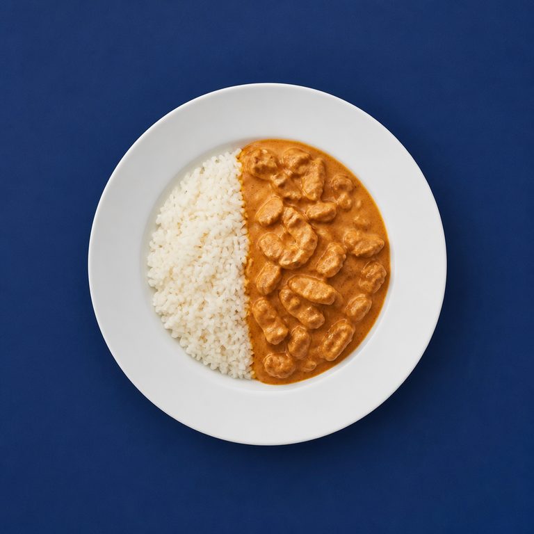 Strogonoff de Carne em prato branco, fotografia de cima com fundo colorido