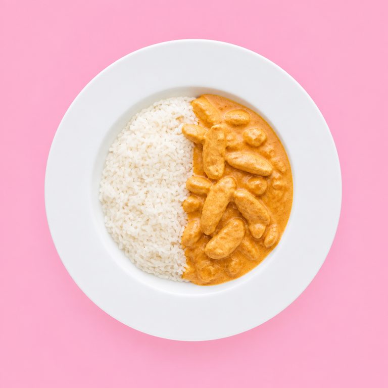 Strogonoff de Frango em prato branco, fotografia de cima com fundo colorido