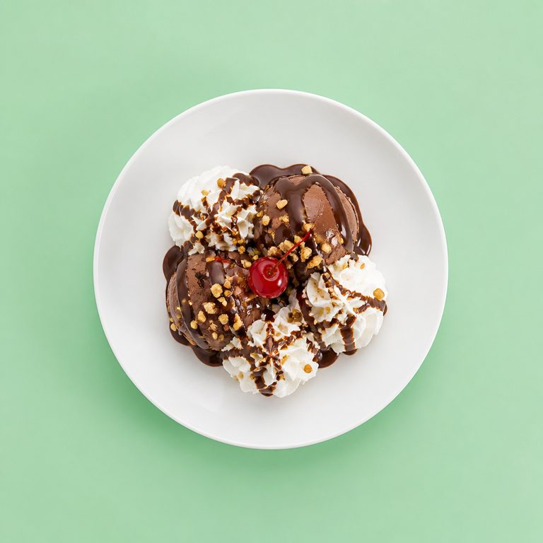 Sundae de Chocolate em prato branco, fotografia de cima com fundo colorido
