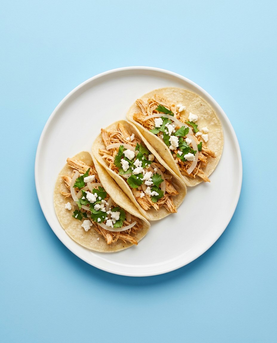 Taco de Frango Mexicano em prato branco, fotografia de cima com fundo colorido