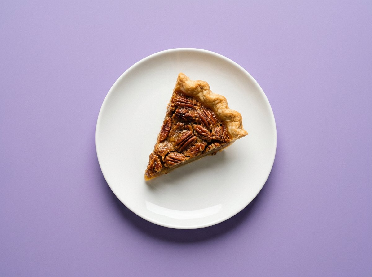 Torta de Manteiga do Pica-pau em prato branco, fotografia de cima com fundo colorido